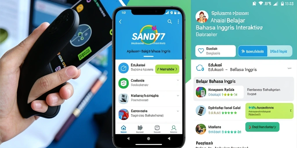 Antarmuka aplikasi SAND77 untuk belajar bahasa Inggris yang interaktif.